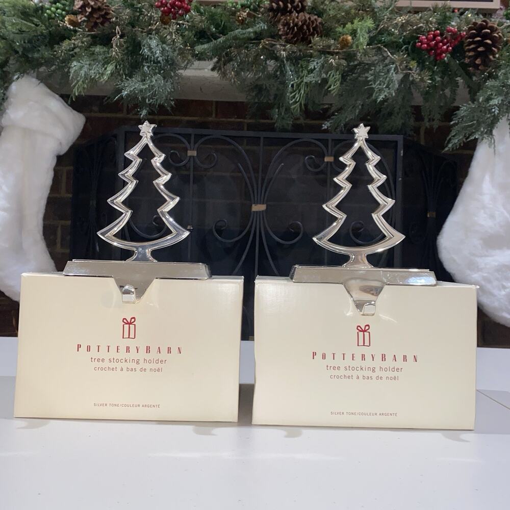 POTTERY BARN Christmas Stocking Hangers Set Of 2 Silver Original Box Holiday